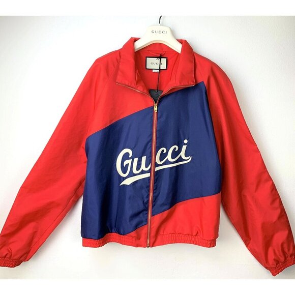 NWT Gucci Men Nylon Jacket Gucci Script Red Lightweight Canvas Nylon Blue - Picture 4 of 16